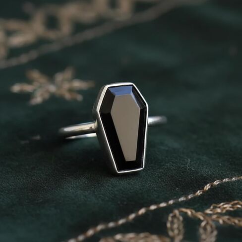 Sterling Silver Plated Black Onyx Ring for Women – Faceted Coffin-Cut Gemstone Ring – Gothic Minimalist Statement Jewelry – Handmade Fashion Ring – Gift for Her in Saudi Arabia
