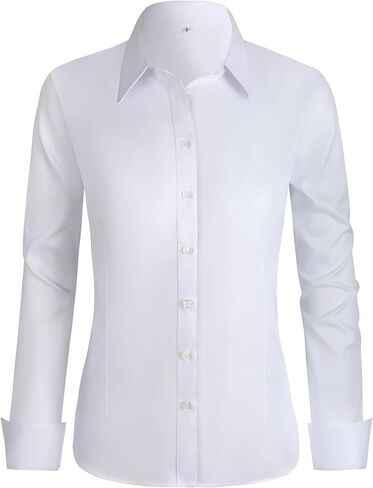 Women's Stretch Long Sleeve Button Down Dress Shirts Solid Business Casual Work Blouse (Classic, Cropped & Tall) in Saudi Arabia