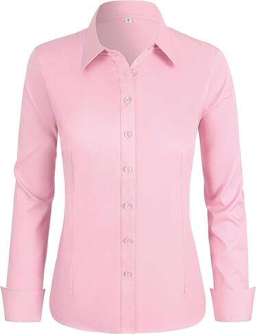 Women's Stretch Long Sleeve Button Down Dress Shirts Solid Business Casual Work Blouse (Classic, Cropped & Tall) in Saudi Arabia