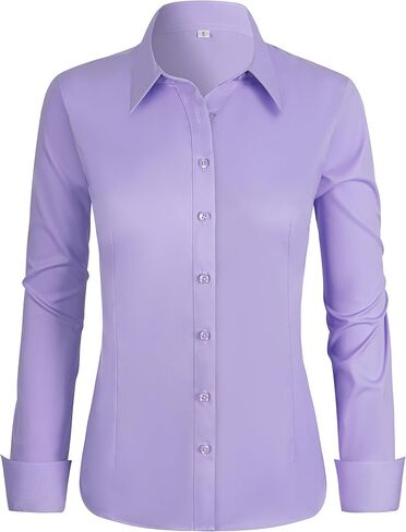 Women's Stretch Long Sleeve Button Down Dress Shirts Solid Business Casual Work Blouse (Classic, Cropped & Tall) in Saudi Arabia
