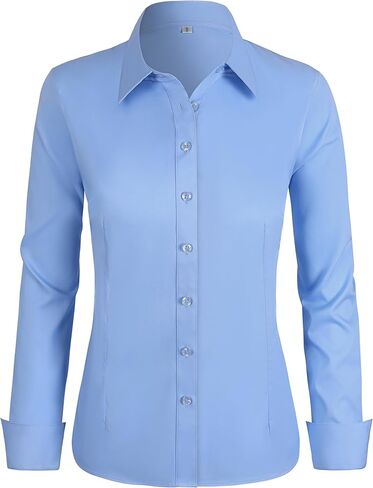 Women's Stretch Long Sleeve Button Down Dress Shirts Solid Business Casual Work Blouse (Classic, Cropped & Tall) in Saudi Arabia