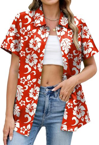 Hawaiian Shirts for Women Floral Short Sleeve Button Down Shirt Summer Tropical Beach Tops in Saudi Arabia