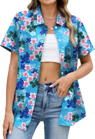 Hawaiian Shirts for Women Floral Short Sleeve Button Down Shirt Summer Tropical Beach Tops in Saudi Arabia