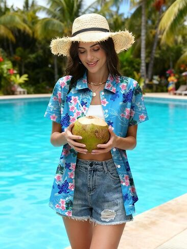 Hawaiian Shirts for Women Floral Short Sleeve Button Down Shirt Summer Tropical Beach Tops in Saudi Arabia