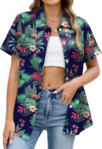 Hawaiian Shirts for Women Floral Short Sleeve Button Down Shirt Summer Tropical Beach Tops in Saudi Arabia