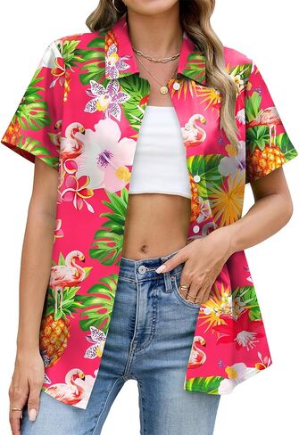 Hawaiian Shirts for Women Floral Short Sleeve Button Down Shirt Summer Tropical Beach Tops in Saudi Arabia