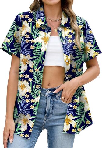 Hawaiian Shirts for Women Floral Short Sleeve Button Down Shirt Summer Tropical Beach Tops in Saudi Arabia