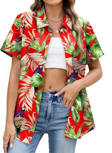 Hawaiian Shirts for Women Floral Short Sleeve Button Down Shirt Summer Tropical Beach Tops in Saudi Arabia