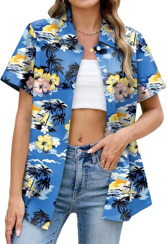 Hawaiian Shirts for Women Floral Short Sleeve Button Down Shirt Summer Tropical Beach Tops in Saudi Arabia