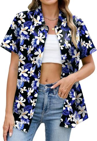 Hawaiian Shirts for Women Floral Short Sleeve Button Down Shirt Summer Tropical Beach Tops in Saudi Arabia