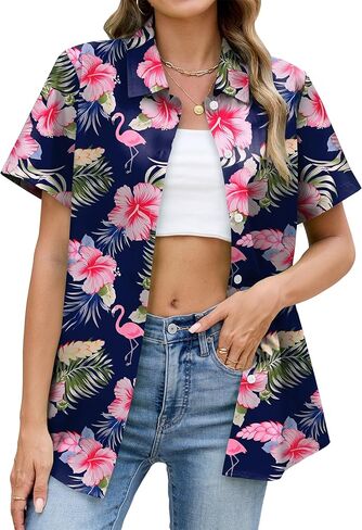 Hawaiian Shirts for Women Floral Short Sleeve Button Down Shirt Summer Tropical Beach Tops in Saudi Arabia