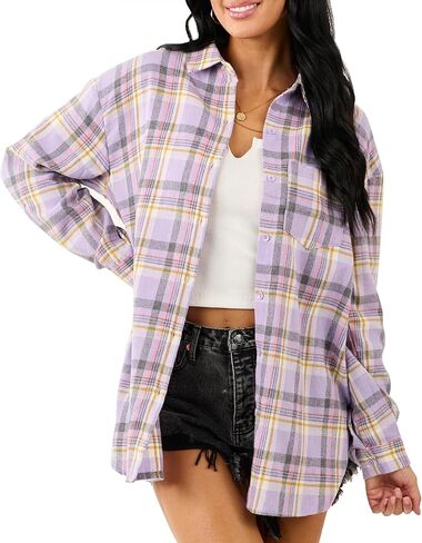 NUOREEL Womens Plaid Flannel Shirts Long Sleeve Button Down Shirts Casual Blouses Tops in Saudi Arabia