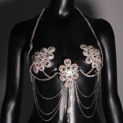 Rhinestone Chest Chain Bra Body Jewelry For Women Ab Crystal Flower Prom Accessories Sparkly Tassel Bra Body Chain Adjustable Halter For Rave Nightclub in Saudi Arabia