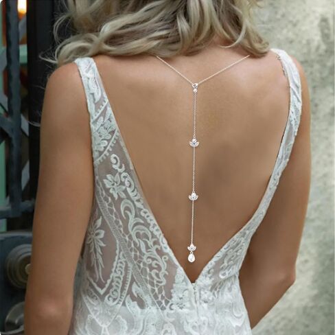 Pearl Backdrop Necklace for Backless Dress Back Necklace Wedding Bridal Rhinestone Pearl Back drop Dainty Chain Body Jewelry in Saudi Arabia