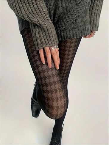 جوارب طويلة نسائية من Milumia بتصميم Goth Houndstooth عالية الخصر جوارب شبكية شفافة in Kuwait