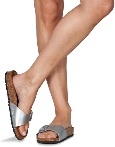 Birkenstock Women's Madrid Birko Flor Narrow Fit Buckle Sandal Silver-Silver-5.5, 8 Women/6 Men in Saudi Arabia