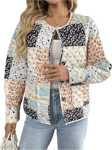 Milumia Women's Patchwork Print Quilted Puffer Jacket Button Down Long Sleeve Coats Outerwear in Saudi Arabia