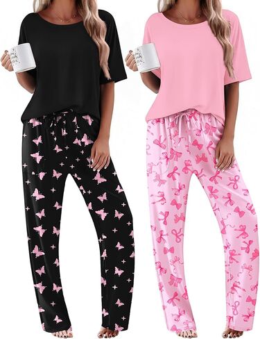 Ekouaer 2 Pack Womens Pajama Sets Short Sleeve Tops and Long Pants Casual Comfy Pjs Lounge Set with Pockets,S-XXL in Kuwait
