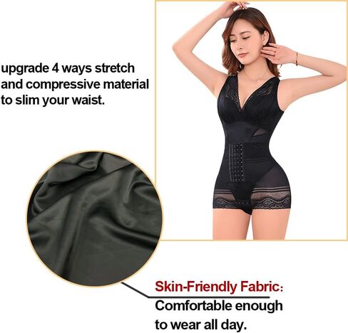 Women's Shapewear Bodysuit with V-Neck Tummy Control Body Shaper Waist Trainer Body Suit Black in Saudi Arabia