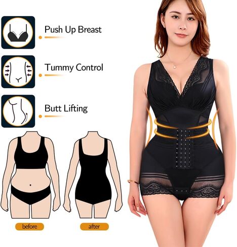 Women's Shapewear Bodysuit with V-Neck Tummy Control Body Shaper Waist Trainer Body Suit Black in Saudi Arabia