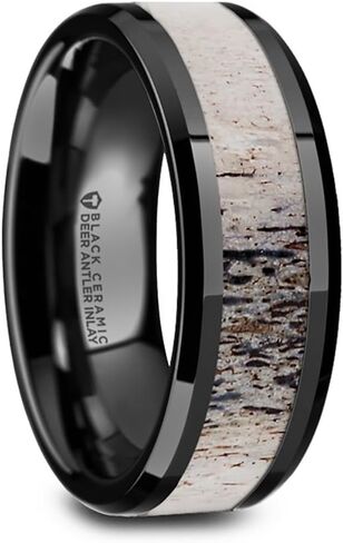 Tres Black Ceramic Wedding Band Ring with Ombre Color Deer Antler Inlay & Polished Beveled Edges - 8mm in Saudi Arabia