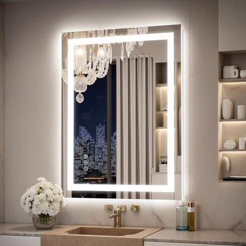 مرآة حمام LED مقاس 24 × 32 مع أضواء - مرآة زينة مضاءة للجدار مضادة للضباب وخافتة للضوء وخلفية وأمامية - مرآة حمام ذكية مع وظيفة الذاكرة وزجاج مقسى مقاوم للكسر in Saudi Arabia
