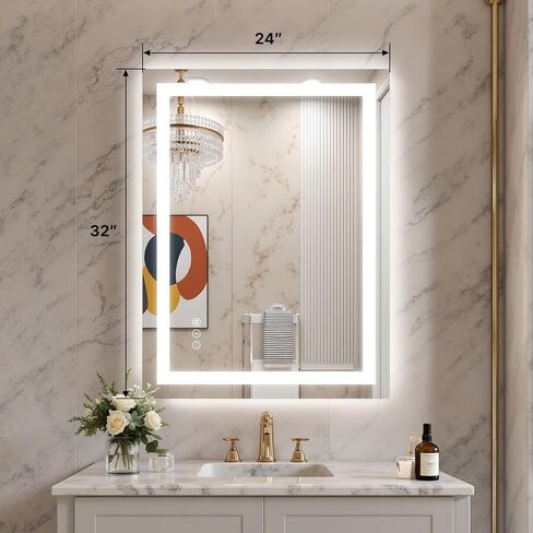 مرآة حمام LED مقاس 24 × 32 مع أضواء - مرآة زينة مضاءة للجدار مضادة للضباب وخافتة للضوء وخلفية وأمامية - مرآة حمام ذكية مع وظيفة الذاكرة وزجاج مقسى مقاوم للكسر in Saudi Arabia
