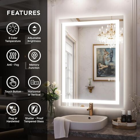 مرآة حمام LED مقاس 24 × 32 مع أضواء - مرآة زينة مضاءة للجدار مضادة للضباب وخافتة للضوء وخلفية وأمامية - مرآة حمام ذكية مع وظيفة الذاكرة وزجاج مقسى مقاوم للكسر in Saudi Arabia