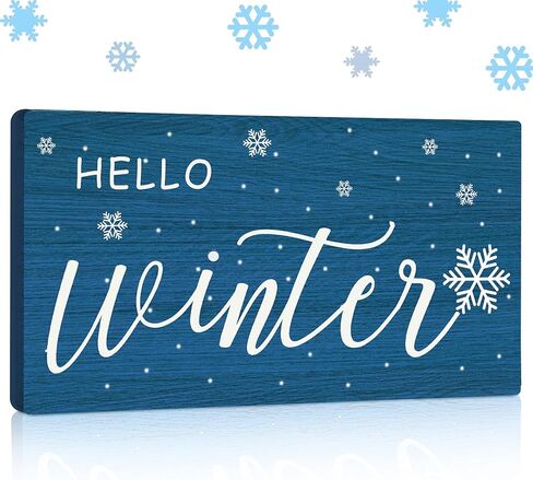 Blulu Hello Winter علامة ندفة الثلج الخشبية مستطيلة الجدار معلقة لوحة الحمام علامة خشبية ريفية خمر مزرعة المنزل جدار الفن لديكور غرفة المعيشة المنزلية الحمام، 10 × 5 بوصات (أزرق) in Kuwait