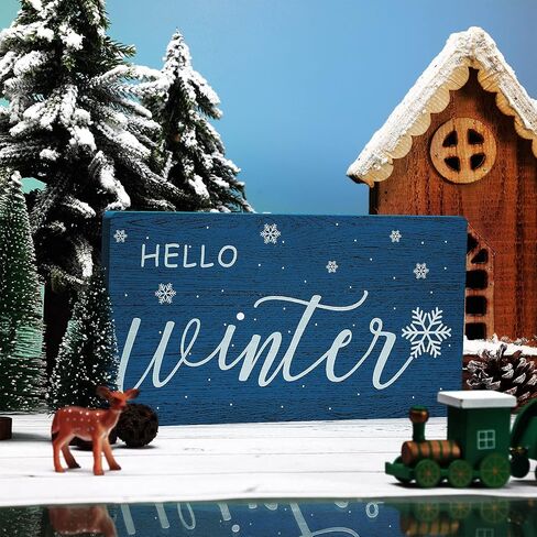 Blulu Hello Winter علامة ندفة الثلج الخشبية مستطيلة الجدار معلقة لوحة الحمام علامة خشبية ريفية خمر مزرعة المنزل جدار الفن لديكور غرفة المعيشة المنزلية الحمام، 10 × 5 بوصات (أزرق) in Kuwait