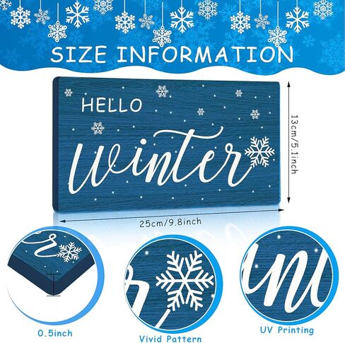 Blulu Hello Winter علامة ندفة الثلج الخشبية مستطيلة الجدار معلقة لوحة الحمام علامة خشبية ريفية خمر مزرعة المنزل جدار الفن لديكور غرفة المعيشة المنزلية الحمام، 10 × 5 بوصات (أزرق) in Kuwait