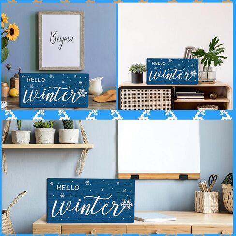 Blulu Hello Winter علامة ندفة الثلج الخشبية مستطيلة الجدار معلقة لوحة الحمام علامة خشبية ريفية خمر مزرعة المنزل جدار الفن لديكور غرفة المعيشة المنزلية الحمام، 10 × 5 بوصات (أزرق) in Kuwait