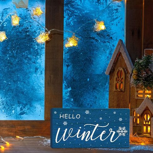 Blulu Hello Winter علامة ندفة الثلج الخشبية مستطيلة الجدار معلقة لوحة الحمام علامة خشبية ريفية خمر مزرعة المنزل جدار الفن لديكور غرفة المعيشة المنزلية الحمام، 10 × 5 بوصات (أزرق) in Kuwait