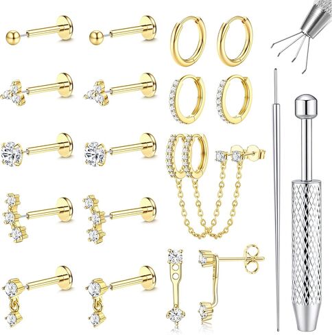 أقراط LOLIAS 16G/18G/20G بظهر مسطح للنساء من الفولاذ الجراحي بدون خيط، أقراط دفع في الأنف، مجموعة أقراط غضروف تشيكوسلوفاكيا لا تسبب الحساسية، مجموعة Labret Helix Tragus Conch Piercing Jewelry in Saudi Arabia