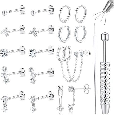 LOLIAS 16G/18G/20G Flat Back Earrings for Women Threadless Surgical Steel Stud Hoop Earrings Push in Nose Studs Hypoallergenic CZ Cartilage Earring Set Labret Helix Tragus Conch Piercing Jewelry in Kuwait