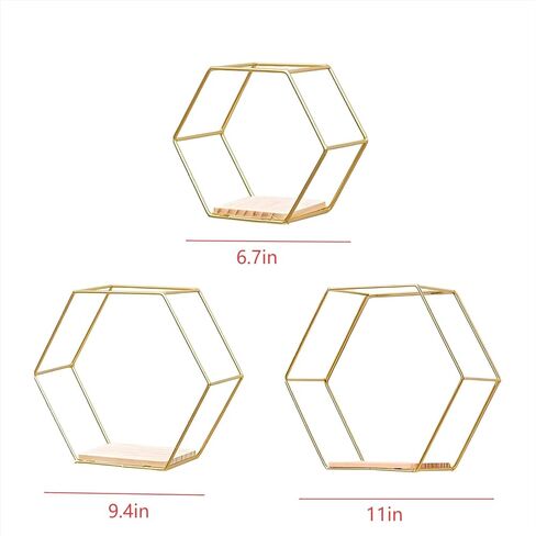 مجموعة أرفف حائط عائمة ذهبية مكونة من 3، رفوف معدنية سداسية بتصميم هندسي مثبت على الحائط لغرفة المعيشة وغرفة النوم والمطبخ وديكور المكتب، أرفف عرض حديثة سهلة التركيب بلمسة نهائية ذهبية in Kuwait