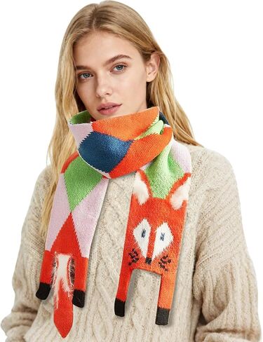 Topdear Winter Knit Scarf for Women, Cute Fox Pattern Knit Winter Scarves for Cold Weather, Soft Warm Long Knit Scarves in Saudi Arabia