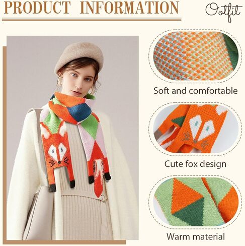 Topdear Winter Knit Scarf for Women, Cute Fox Pattern Knit Winter Scarves for Cold Weather, Soft Warm Long Knit Scarves in Saudi Arabia