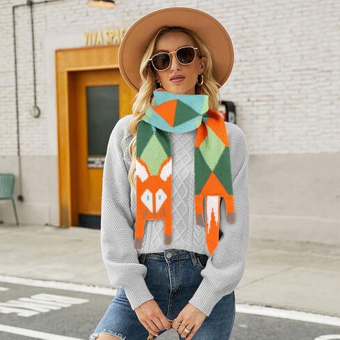 Topdear Winter Knit Scarf for Women, Cute Fox Pattern Knit Winter Scarves for Cold Weather, Soft Warm Long Knit Scarves in Saudi Arabia