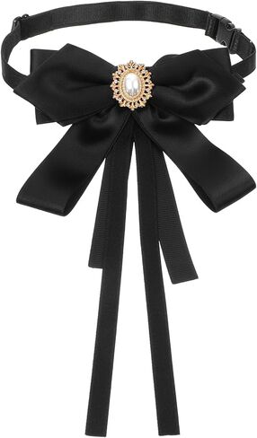 Black Bow Tie for Women, Pre-tied Bow Tie Neck with Rhinestones Pearl, Clip-On Design Perfect for Girl Uniforms Weddings Victorian Accessories, Elegant Style in Saudi Arabia