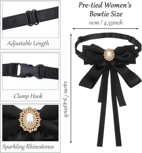 Black Bow Tie for Women, Pre-tied Bow Tie Neck with Rhinestones Pearl, Clip-On Design Perfect for Girl Uniforms Weddings Victorian Accessories, Elegant Style in Saudi Arabia