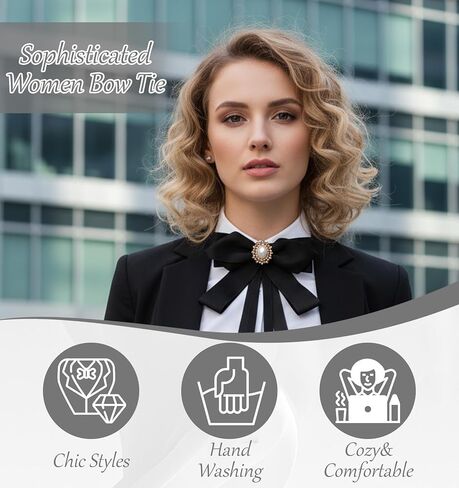 Black Bow Tie for Women, Pre-tied Bow Tie Neck with Rhinestones Pearl, Clip-On Design Perfect for Girl Uniforms Weddings Victorian Accessories, Elegant Style in Saudi Arabia