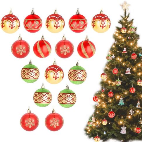 CAVETEE Christmas Ornaments,Glittering Shatterproof Traditional Country Hanging Decor for Xmas Holiday Party Christmas Tree Ornaments Party Decorations (16, Red&Green&Gold) in Saudi Arabia