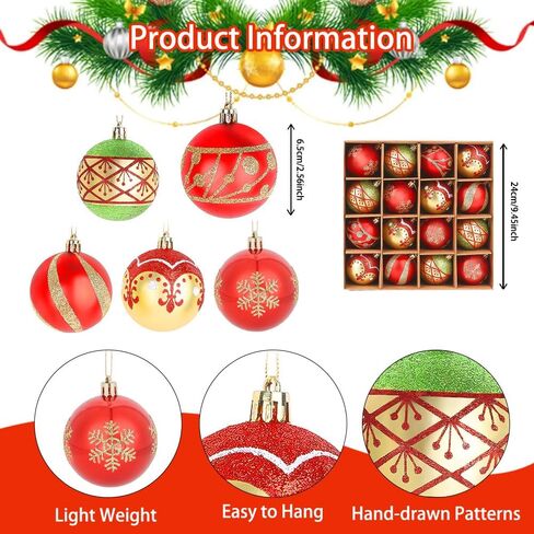 CAVETEE Christmas Ornaments,Glittering Shatterproof Traditional Country Hanging Decor for Xmas Holiday Party Christmas Tree Ornaments Party Decorations (16, Red&Green&Gold) in Saudi Arabia