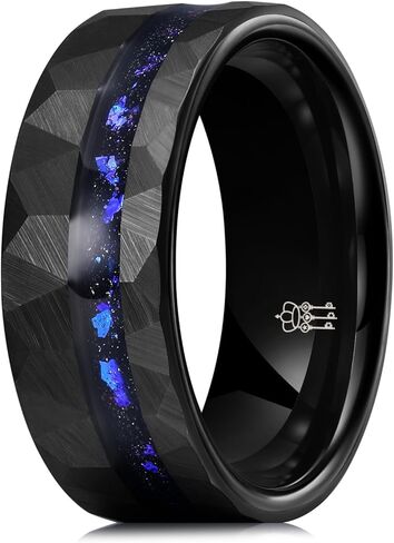THREE KEYS JEWELRY 8mm Black Tungsten Rings for Men Unisex Hammered Wedding Band Engagement Ring Galaxy Opal Stone Inlay in Saudi Arabia