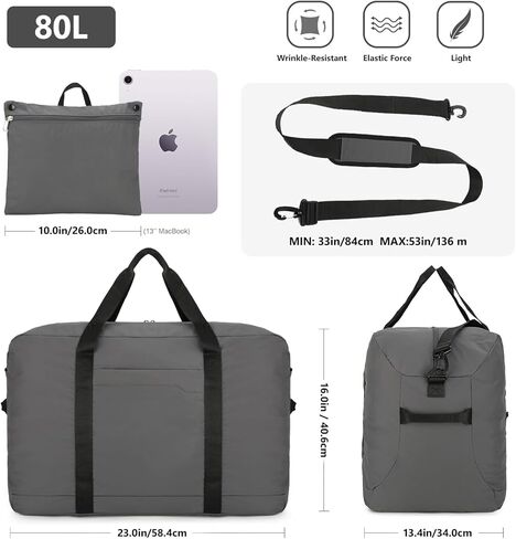 حقيبة دفل للسفر قابلة للطي سعة 80 لتر - حقيبة دفل خفيفة الوزن للنساء والرجال، حقيبة سفر كبيرة قابلة للتعبئة لرحلات عطلة نهاية الأسبوع والتخييم والسفر بمركبات ترفيهية (رمادي) in Kuwait