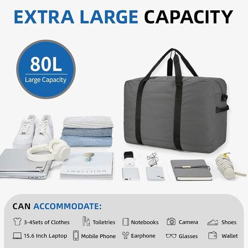 حقيبة دفل للسفر قابلة للطي سعة 80 لتر - حقيبة دفل خفيفة الوزن للنساء والرجال، حقيبة سفر كبيرة قابلة للتعبئة لرحلات عطلة نهاية الأسبوع والتخييم والسفر بمركبات ترفيهية (رمادي) in Kuwait