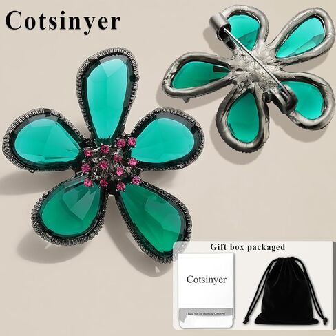 Rhinestone Black Flower Irregular Deep Green Petals Hollow Pink Cubic Zirconia Core Vintage Brooch Pin for Women Lapel Dainty Art Deco Accessories Wedding Birthday Holiday Jewelry in Saudi Arabia