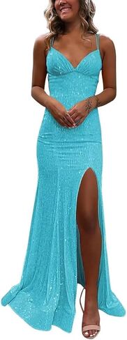 Sequin Prom Dress 2026 V Neck Sparkly Mermaid Formal Dress Long Evening Party Gowns PUS045 in Saudi Arabia
