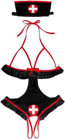 One Piece Sexy Lingerie for Women See Through Bra Role Playing Nurse Costume Mini Bodysuit Black in Saudi Arabia